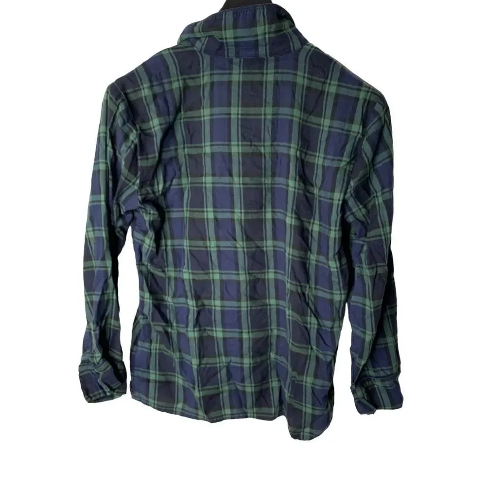 J. Crew flannel pajama top button front blue and green size XS